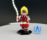 Toy figure with red and white outfit holding a sword on a dark background, featuring the Calypso Customs logo.